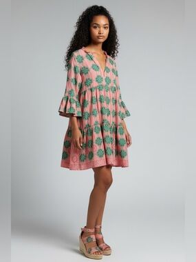 Oliphant Pink & Green Printed Tiered Mini Dress